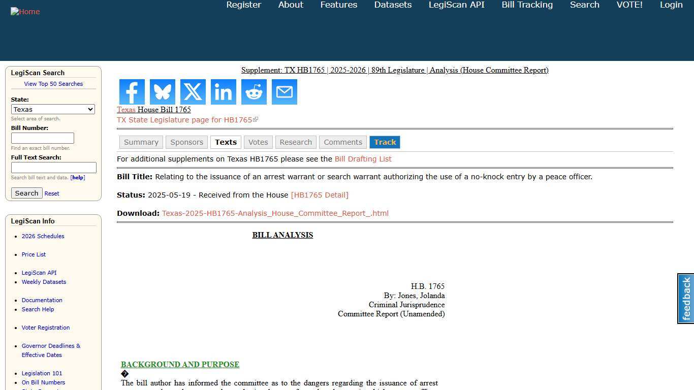 Supplement: TX HB1765 | 2025-2026 | 89th Legislature | Analysis (House Committee Report) | LegiScan