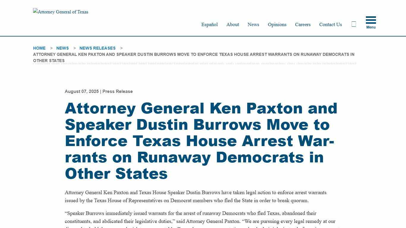Attorney General Ken Paxton and Speaker Dustin Burrows Move to Enforce Texas House Arrest Warrants on Runaway Democrats in Other States | Office of the Attorney General